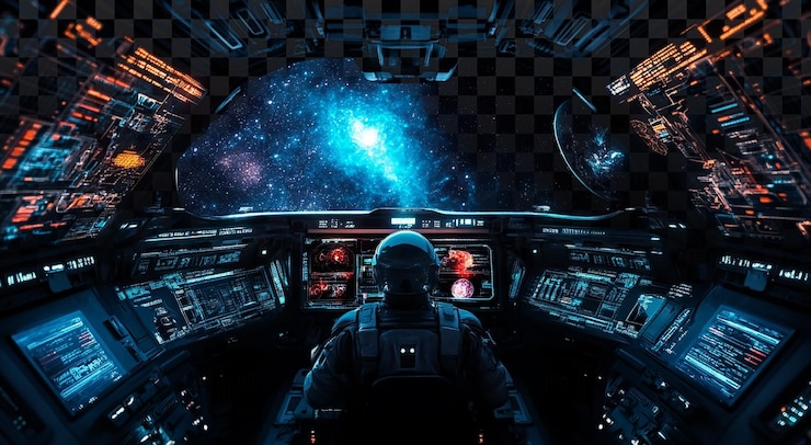PSD l'intérieur sombre et mystérieux d'un vaisseau spatial avec des écrans holographiques sur un fond transparent