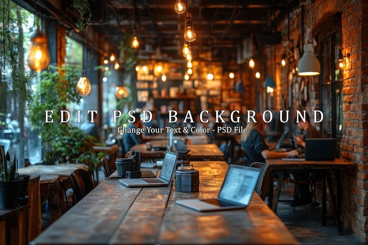 PSD interior aconchegante de café com iluminação quente e decoração rústica
