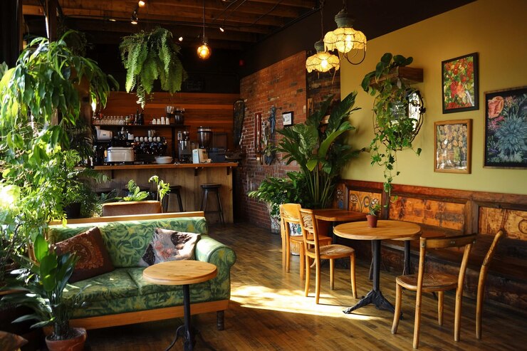 PSD interior aconchegante de café com plantas, luz e móveis de madeira