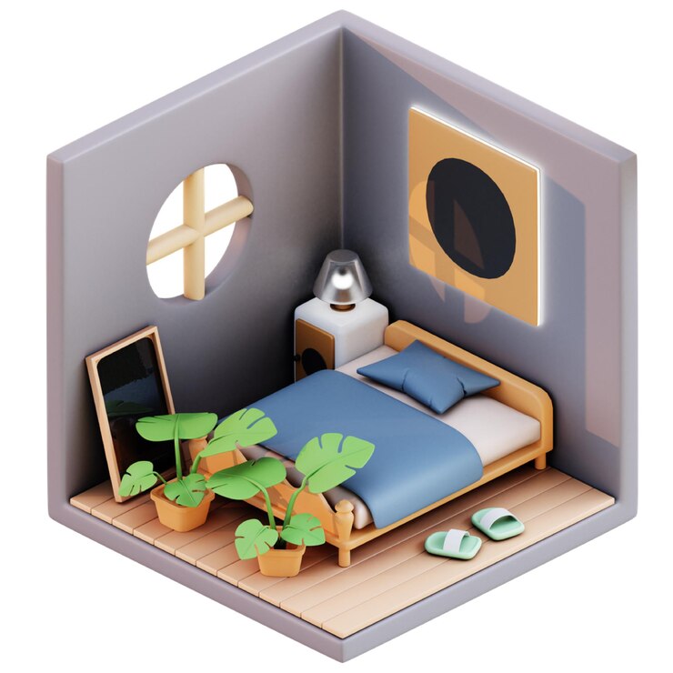 PSD interior aconchegante de quarto com plantas de cama e design minimalista