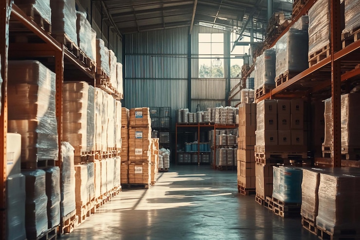 PSD el interior del almacén está lleno de cajas de cartón apiladas y paletas que muestran el almacenamiento organizado y la logística la luz del sol fluye a través de las ventanas