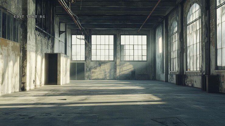 PSD interior de almacén industrial vacío iluminado por el sol con paredes grunge, grandes ventanas y piso de hormigón