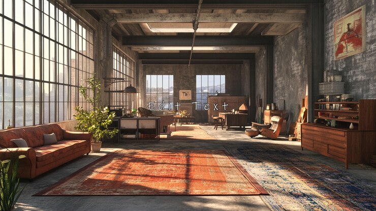 PSD interior de apartamento industrial iluminado por el sol con muebles vintage