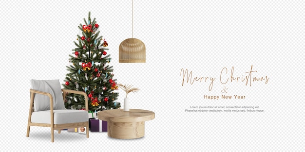 Interior con árbol de Navidad decorado y sillón.