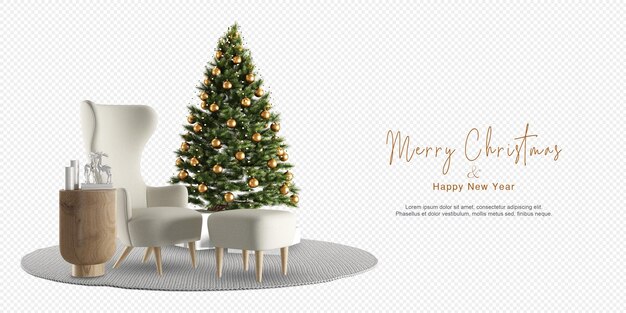 Interior con árbol de Navidad decorado y sillón.