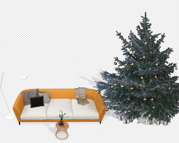 PSD interior con árbol de navidad decorado y sofá