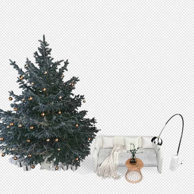 PSD interior con árbol de navidad decorado y sofá