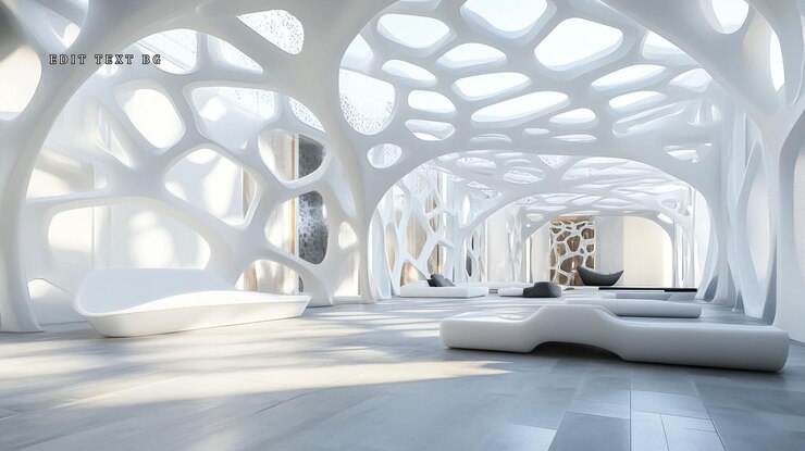 PSD interior de arquitectura orgánica blanca moderna con asientos
