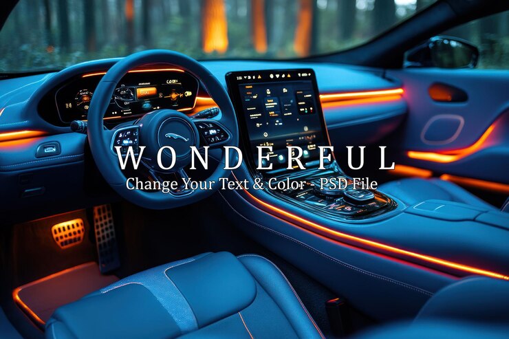 PSD interior de automóvil moderno con un tablero de instrumentos digital en el volante e iluminación ambiental