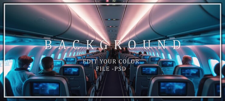 PSD interior del avión con pasajeros y luces azules