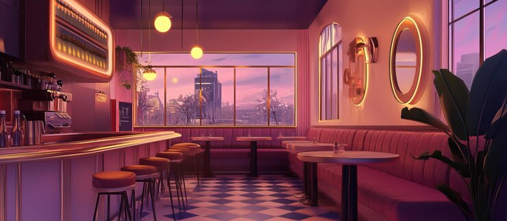 PSD interior de bar retro con vistas a la ciudad