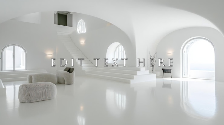PSD interior blanco minimalista con ventanas arqueadas, escaleras y muebles modernos