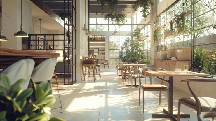 PSD interior de café moderno iluminado por el sol con plantas de muebles de madera y grandes ventanas