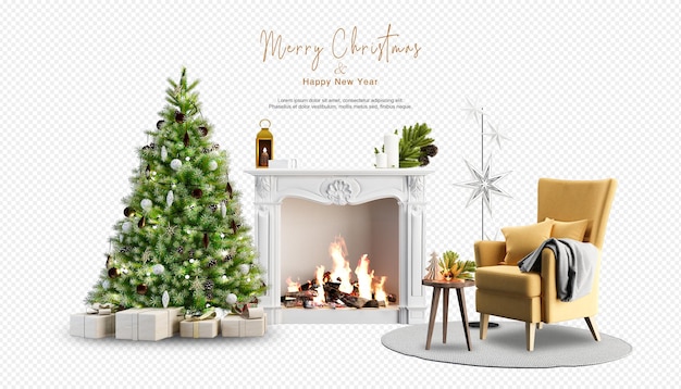 Interior con chimenea y árbol de Navidad decorado