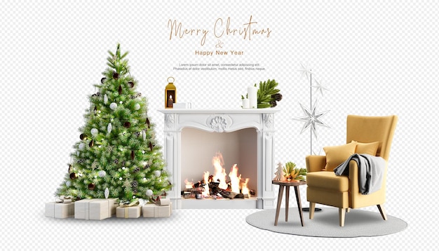 PSD interior con chimenea y árbol de navidad decorado