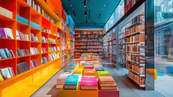 PSD el interior colorido de la librería con estanterías vibrantes