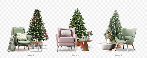Interior com árvore de natal decorada e poltrona