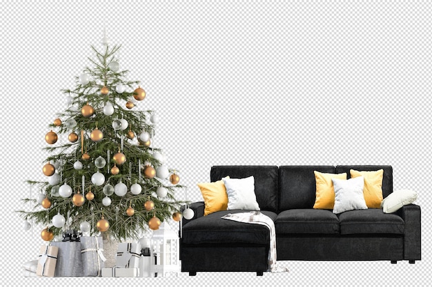 PSD interior com sofá confortável e árvore de natal decorada
