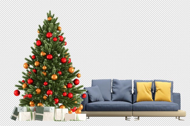 PSD interior con un cómodo sofá y un árbol de navidad decorado