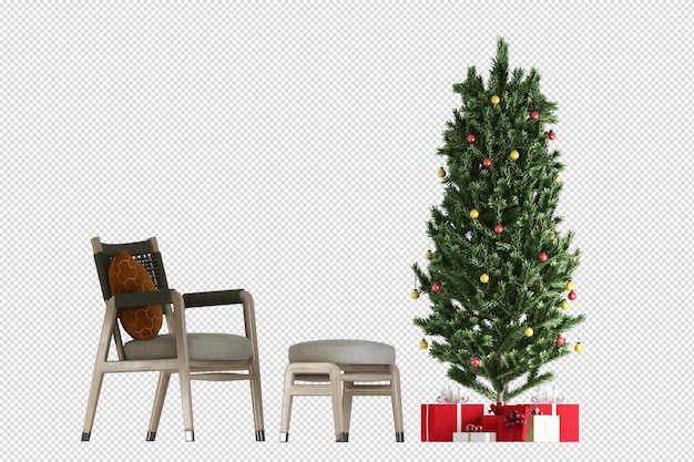 PSD interior con un cómodo sofá y un árbol de navidad decorado