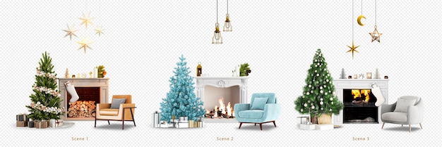 interior da sala de estar com árvore de natal em renderização 3d