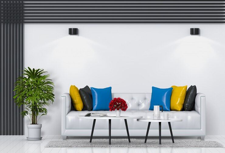 PSD interior da sala de estar em estilo moderno com sofá e decorações.