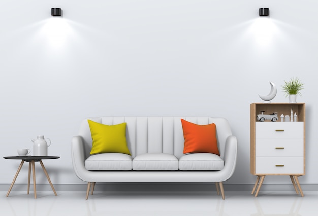 Interior da sala de estar em estilo moderno com sofá e decorações.
