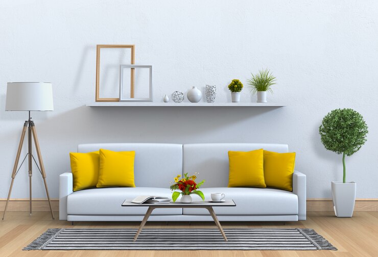 Interior da sala de estar em estilo moderno com sofá e decorações.