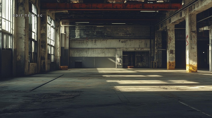 PSD interior de armazém industrial vazio iluminado pelo sol com paredes e chão grunge