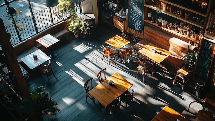 PSD interior de café iluminado pelo sol com mesas e cadeiras de madeira