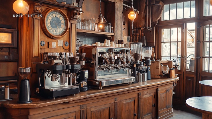 PSD interior de café rústico com máquinas de expresso de madeira antigas e relógio vintage