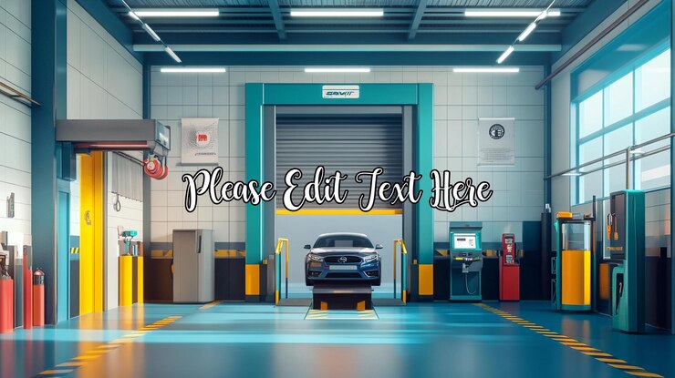 PSD interior de garagem de reparo de carros moderna com um carro azul em um elevador