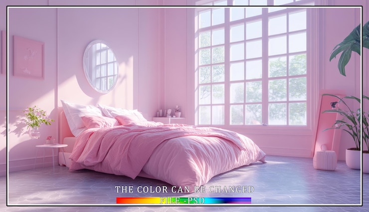 PSD interior de quarto rosa com grande janela e luz solar fluindo através