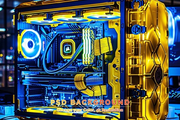 PSD interior de um pc diy genérico para jogadores iluminado em azul