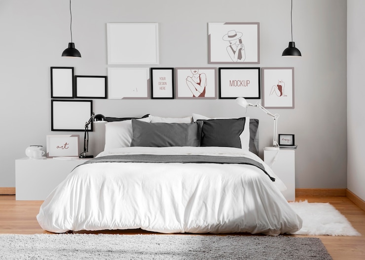 PSD interior design con assortimento di cornici mock-up