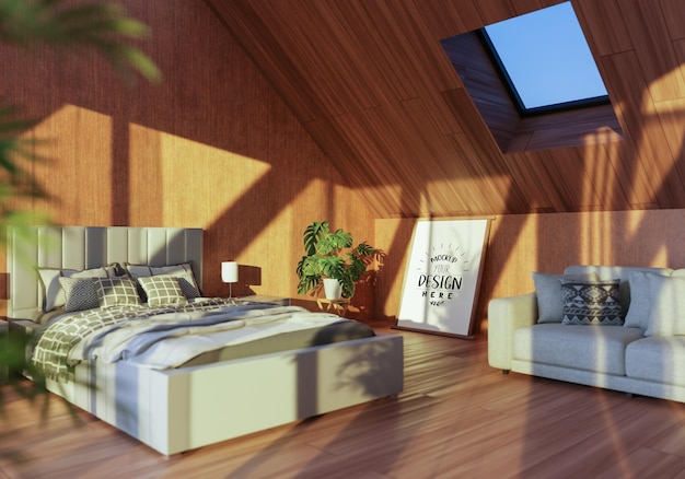 Interior do modelo da moldura do pôster em um quarto