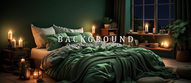 PSD interior do quarto com cobertores verdes na cama