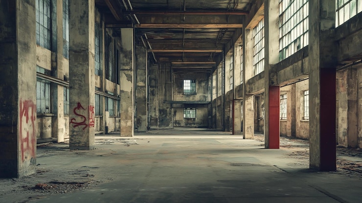 PSD interior de un edificio industrial abandonado gran espacio vacío con pilares de hormigón envejecidos paredes y ventanas que muestran decadencia y graffiti