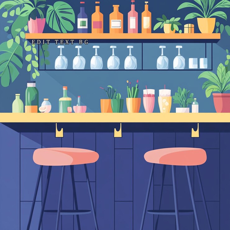 PSD interior elegante del bar con plantas, bebidas, vasos y taburetes