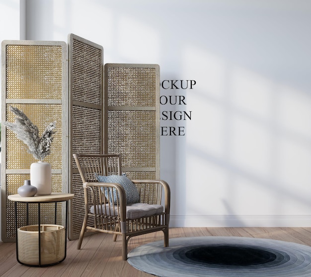 interior escandinavo moderno con sillón y espacio vacío en la pared renderización 3D