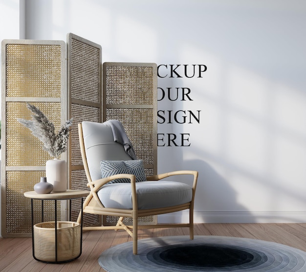 interior escandinavo moderno con sillón y espacio vacío en la pared renderización 3D