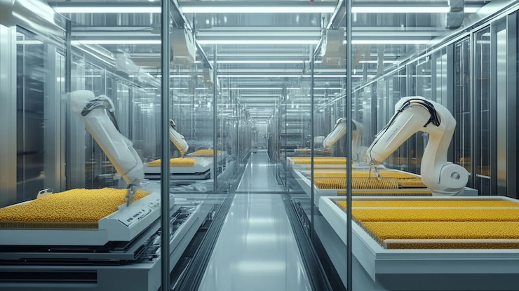 PSD interior de fábrica automatizado con brazos robóticos que clasifican los productos amarillos en cintas transportadoras