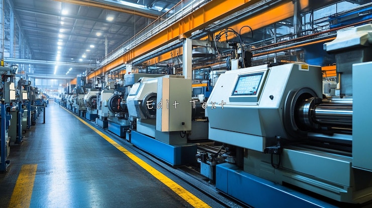PSD interior de una fábrica industrial con filas de máquinas y equipos modernos