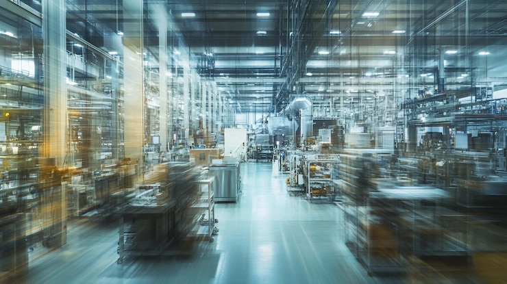 PSD interior de fábrica industrial con techos altos, maquinaria metálica y líneas de producción automatizadas