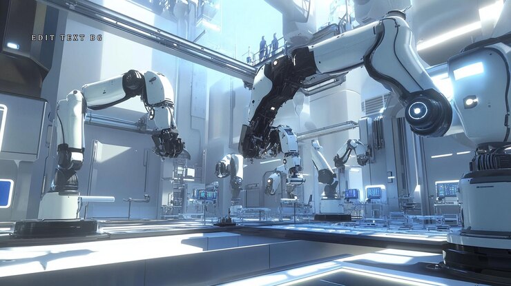 PSD interior de fábrica robótica futurista con brazos automatizados y tecnología avanzada