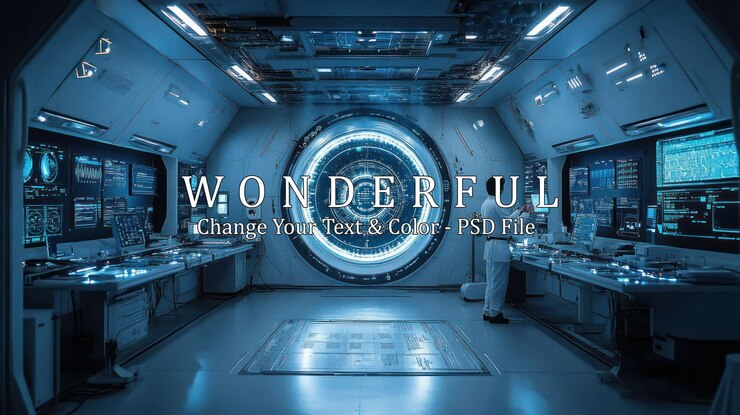 PSD un interior futurista de la estación espacial con una gran ventana circular que mira hacia el espacio un hombre con una bata de laboratorio blanca está de pie en una consola monitoreando los sistemas de la nave