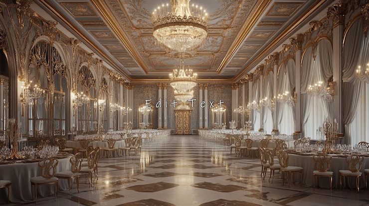 PSD interior del gran salón de baile decoración lujosa mesas elegantes candelabros suelo de mármol
