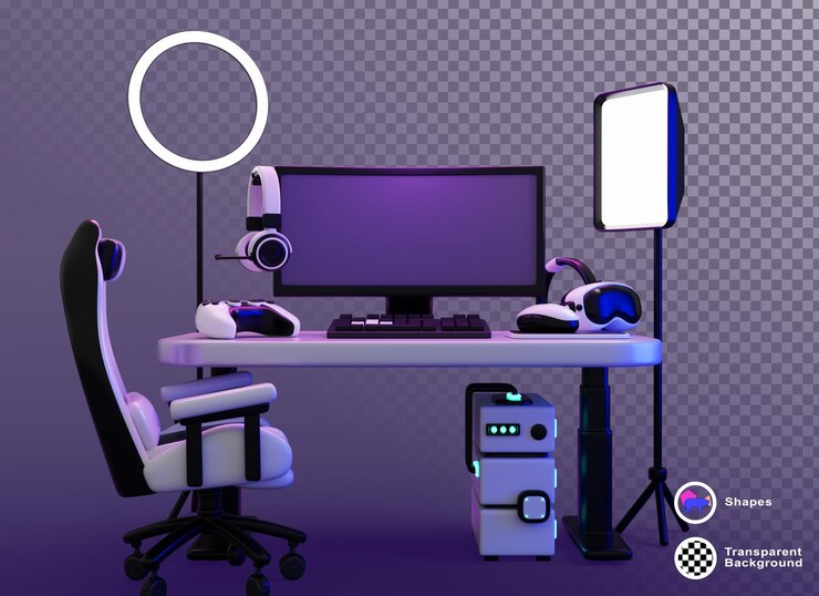PSD interior de la habitación 3d con configuración para jugar videojuegos y transmitir por la noche fondo oscuro de neón con computadora de juego en la silla de escritorio auriculares joystick vr gafas led anillo lámpara softbox