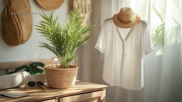 PSD interior de la habitación iluminado por el sol con camisa de sombrero de planta y accesorios