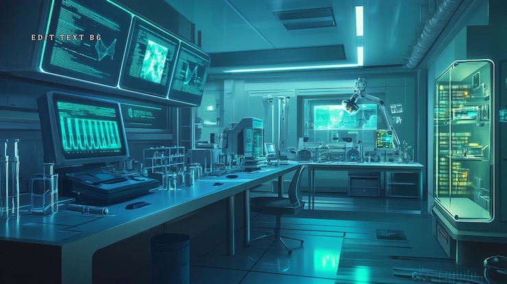PSD interior de laboratorio futurista con equipos de tecnología avanzada